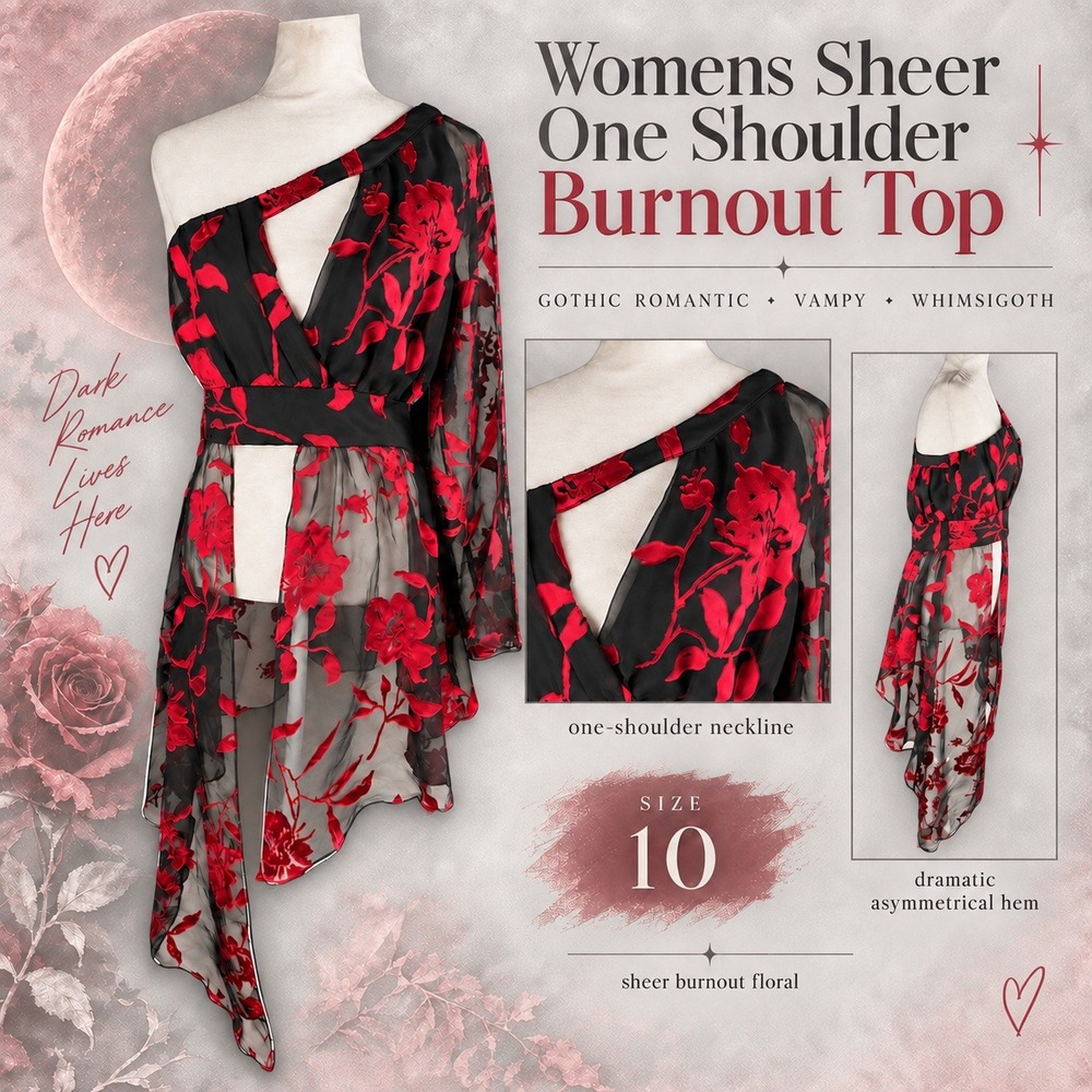 Womens Sheer One Shoulder Burnout Top Size 10 Gothic Romantic Vampy Whimsigoth